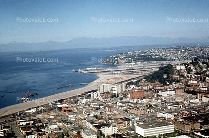 Seattle, Water Front, Puget Sound, shore, shoreline, Olympic Mountains, August 1969, 1960s
