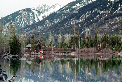 Buildings, Lodge, trees, Reflection, Jenny Lake