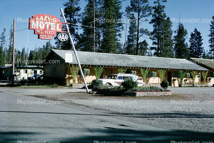 Lazy-G Motel, Station Wagon, Log Cabins, West Yellowstone, Montana, AAA, August 1965, 1960s