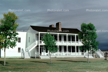Old Bedlam, Building, stairs, balcony, steps, trees, Fort Laramie National Monument