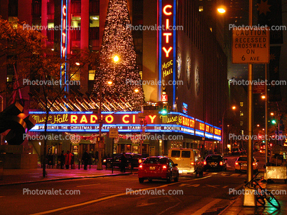 Radio City Music Hall in the night, Cars, Street, Christmas