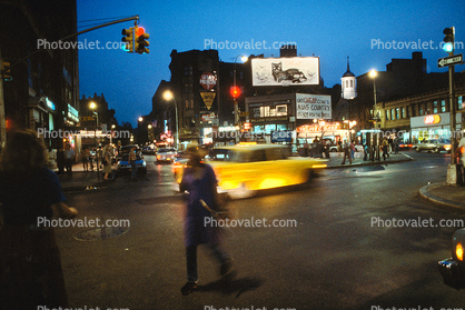Manhattan, Twilight, Dusk, Dawn, Checker taxi cab, traffic lights, 1960s