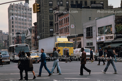 Sixth Avenue, crosswalk, Greenwich Village, Manhattan, Cab-over Truck, Cab Forward, Bus