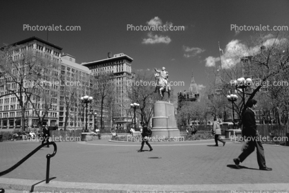 George Washington equestrian statue, horse figure on intergral plinth, pedestal on plinth, Union Square Park, buildings, statue, spring, springtime, trees, Manhattan