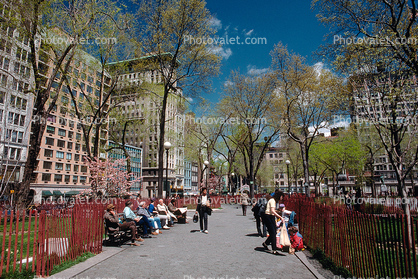 Union Square Park, buildings, statue, spring, springtime, trees, Manhattan