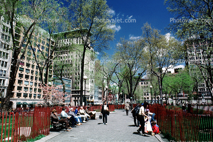 Union Square Park, buildings, statue, spring, springtime, trees, Manhattan