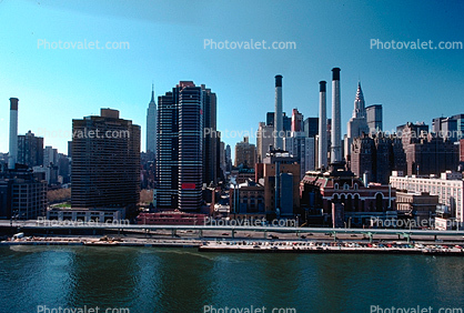 buildings, midtown Manhattan, smokestacks, boats, East River, East-River