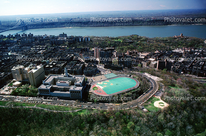 Hudson River, Jacob Javits Athletic Field, Park, George Washington High School, uptown Manhattan