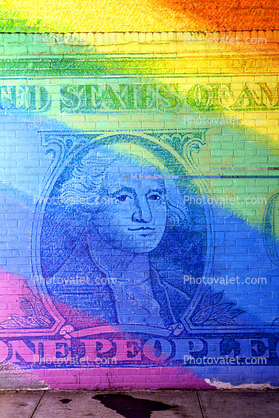 Rainbow Colors, George Washington, Dollar Bill, Money, brick, painting, Manhattan, 26 November 1989