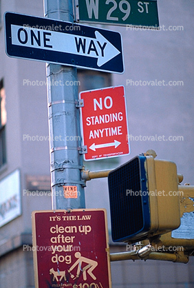 one way, no standing anytime, clean up after your dog, Manhattan, 29 November 1989