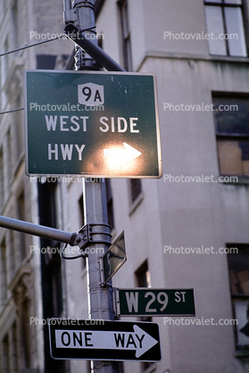 one way, w 29 st, west side hwy 9A, Manhattan, 29 November 1989