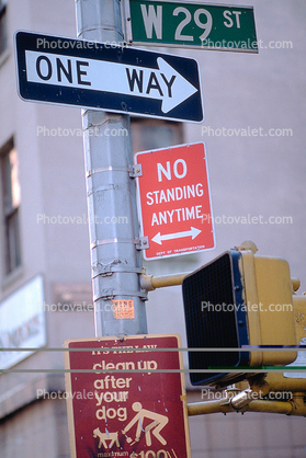 one way, no standing anytime, clean up after your dog, Manhattan, 29 November 1989