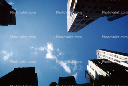 Buildings, Canyons of Manhattan, looking-up, Midtown Manhattan, 30 November 1989
