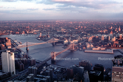 Brooklyn, East River, skyline, cityscape, buildings, bridges, East-River, 3 December 1989