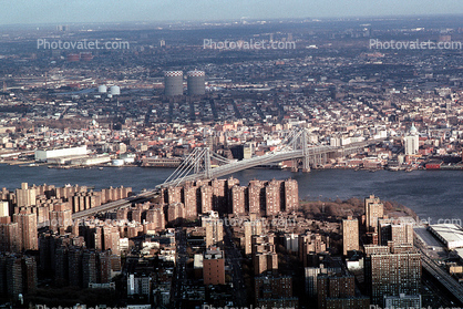 Williamsburg Bridge, Brooklyn, East River, skyline, cityscape, buildings, East-River, 3 December 1989