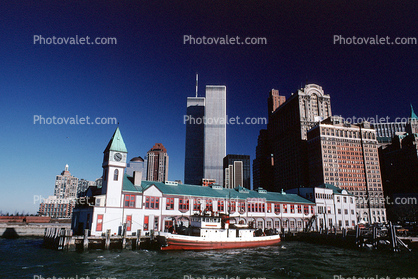 Pier-A, Clock tower, Fireboat, Clocktower, redhull, redboat, WWI Memorial, Manhattan, 4 December 1989