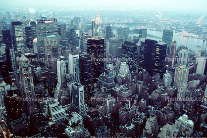 Cityscape, skyline, skyscrapers, buildings, dusk, evening, night, nighttime, Outdoors, Outside, Exterior, 7 June 1990