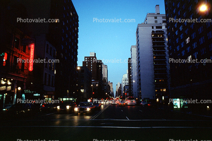 Buildings, skyline, cars, night, nighttime, dusk, evening, 1994