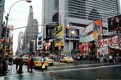 Times Square, Crosswalk, street, cars, buildings, taxi cab, autumn, skyscrapers, Manhattan, rainy, rain, 1997