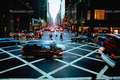 Crosswalk, Intersection, cars, van, rainy evening, autumn, buildings, shops, stores, 27 October 1997