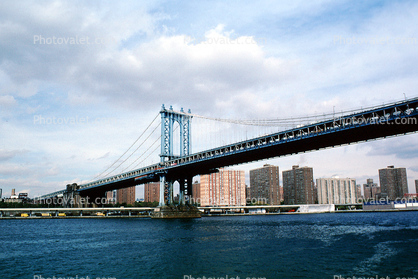 Manhattan-Bridge, East-River, skyline, cityscape, shore, 27 October 1997