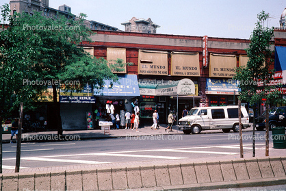 shops, stores, awning, van, street, summer, trees, Buildings, Cityscape, Manhattan, 27 June 1999