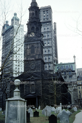Saint Pauls Chapel, graveyard, steeple, March 1953, 1950s