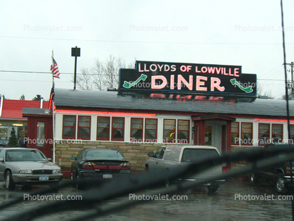 Lloyd's of Lowville Diner, rain, rainy, signage, neon, cars, automobiles, vehicles