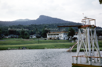 Diving Board, mountain, water slide, buildings