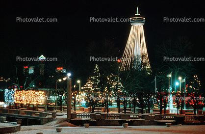 Skylon Tower, trees, park, lights, Night, Nighttime, Cold, Ice, Snow, Winter, City of Niagara Falls