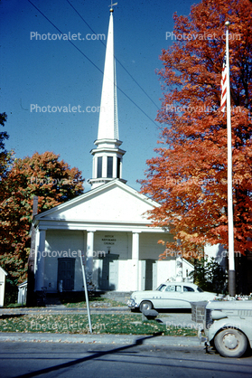 Oldsmobile, Church, steeple, cars, automobiles, vehicles, Woodstock, October 1952, 1950s