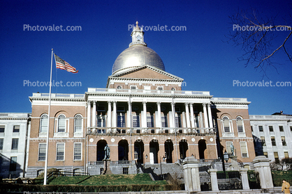 Massachusetts State House, government building, gold dome, December 1958, 1950s