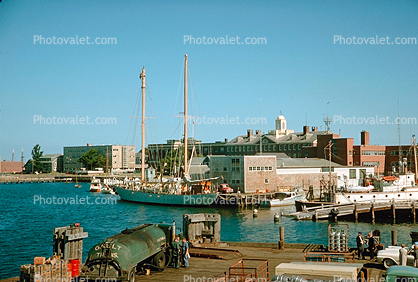 Atlantis Tall Ship, Cape Cod, Harbor, docks, gasoline truck, fuel, buildings, 1960s