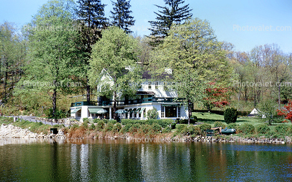 Pond, Home, house, building, domestic, domicile, residency, housing, springtime, 1950s