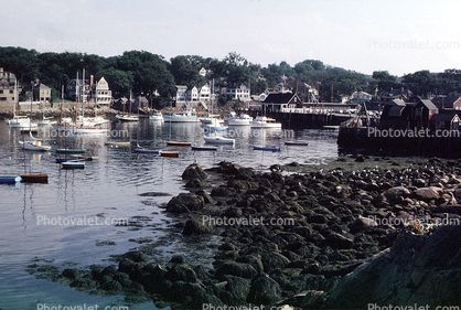 Harbor, boats, rocks, buildings, Cape Ann, July 1969, 1960s