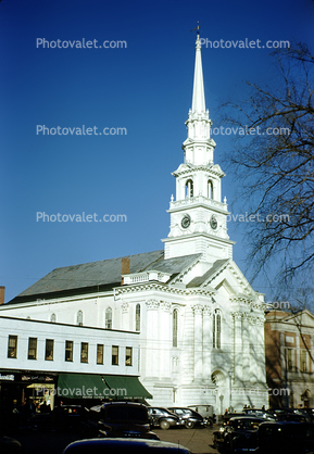 Church Steeple, tower, cars, building, 1940s