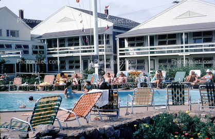 Lounge Chairs, Poolside, Pool, Buildings, Balcony, Martha's Vineyard, Massachusetts, 1960s