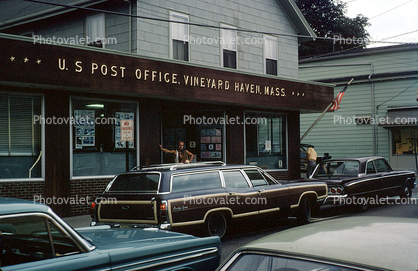 U. S. Post Office, Vineyard Haven, Martha's Vineyard, Massachusetts, car, automobile, vehicle, July 1971, 1970s