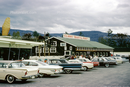 Clark's Trading Post, cars, automobile, vehicles, Lincoln, New Hampshire, September 1965, 1960s