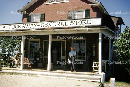 A. Tuckaway General Store, building, porch, Shelburne, July 1957, 1950s