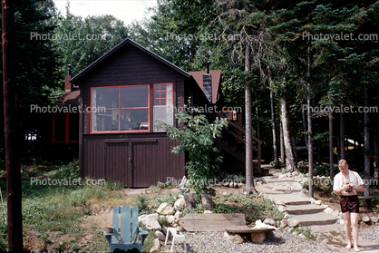 Peacham Pond, cabin, home, house, man, trunks, July 1962