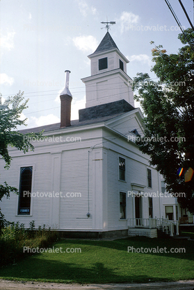 Vermont Universilist Church, building, steeple, Route 110, Washington, 1963, 1960s