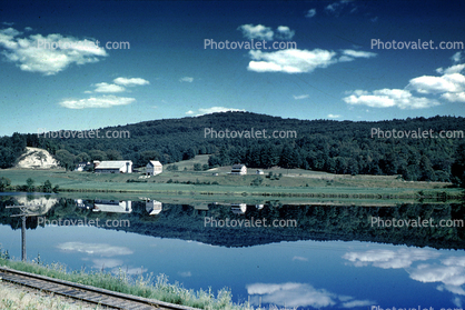 Connecticut River, farm, water, reflection, railroad tracks, September 1960, 1960s