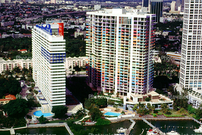 Colorful Hotel buildings, shoreline, skyscrapers, pools, 21 January 1995