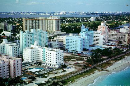 Caribbean Hotel, art-deco buildings, swimming pools, Boardwalk, Beach, Ocean, 21 January 1995