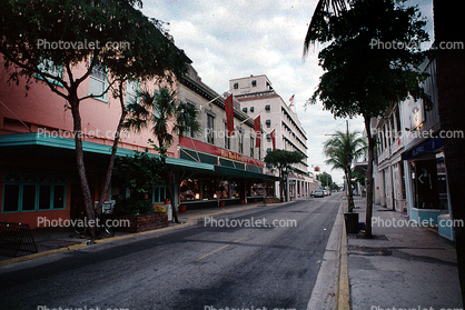 Shops, Stores, Building, downtown, trees, street, sidewalk, curb