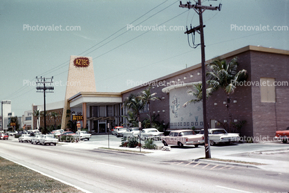 Aztec Hotel, buildings, cars, Sunny Isles, May 1960