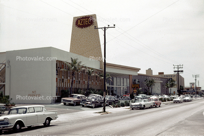 art-deco writing, Aztec Hotel, cars, building, May 1960