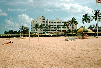 Beach, parasol, hotel, sand, 1950s