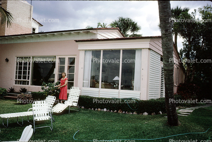 Home, House, windows, woman, frontyard, lounge chairs, building, May 1964, 1960s